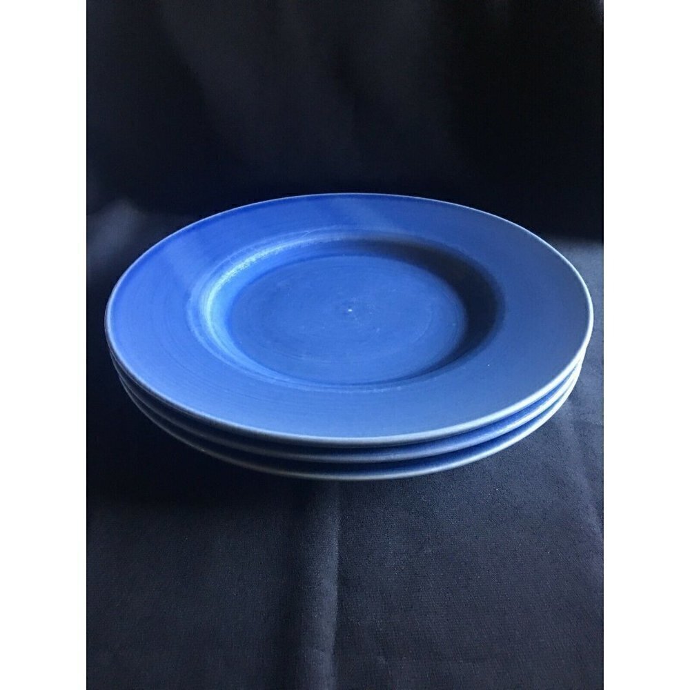 PIER 1 Dinner Plates Hand Painted Blue Swirl Spiral Vintage RARE SET OF 3